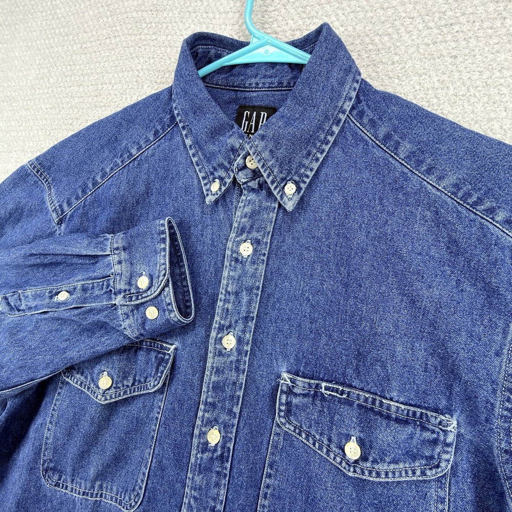Vintage 90s GAP Denim Shirt Mens Medium Blue Button Down Workwear Hong Kong
